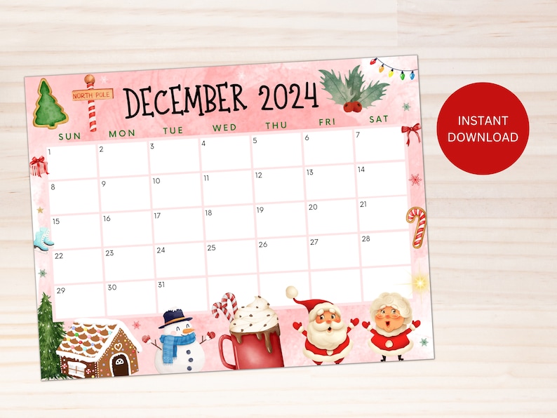 Printable December Calendar 2024, Printable Christmas Calendar W/ Santa