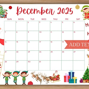 Editable December 2025 Calendar, Printable Christmas Calendar w/ Santa and Elves, Holiday Calendar, School Calendar, Green and Red Holiday