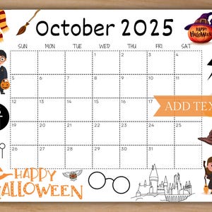 Editable October 2025 Calendar, Printable Happy Halloween Calendar, Cute Calendar, Monthly Calendar, School Calendar, Kids School Schedule