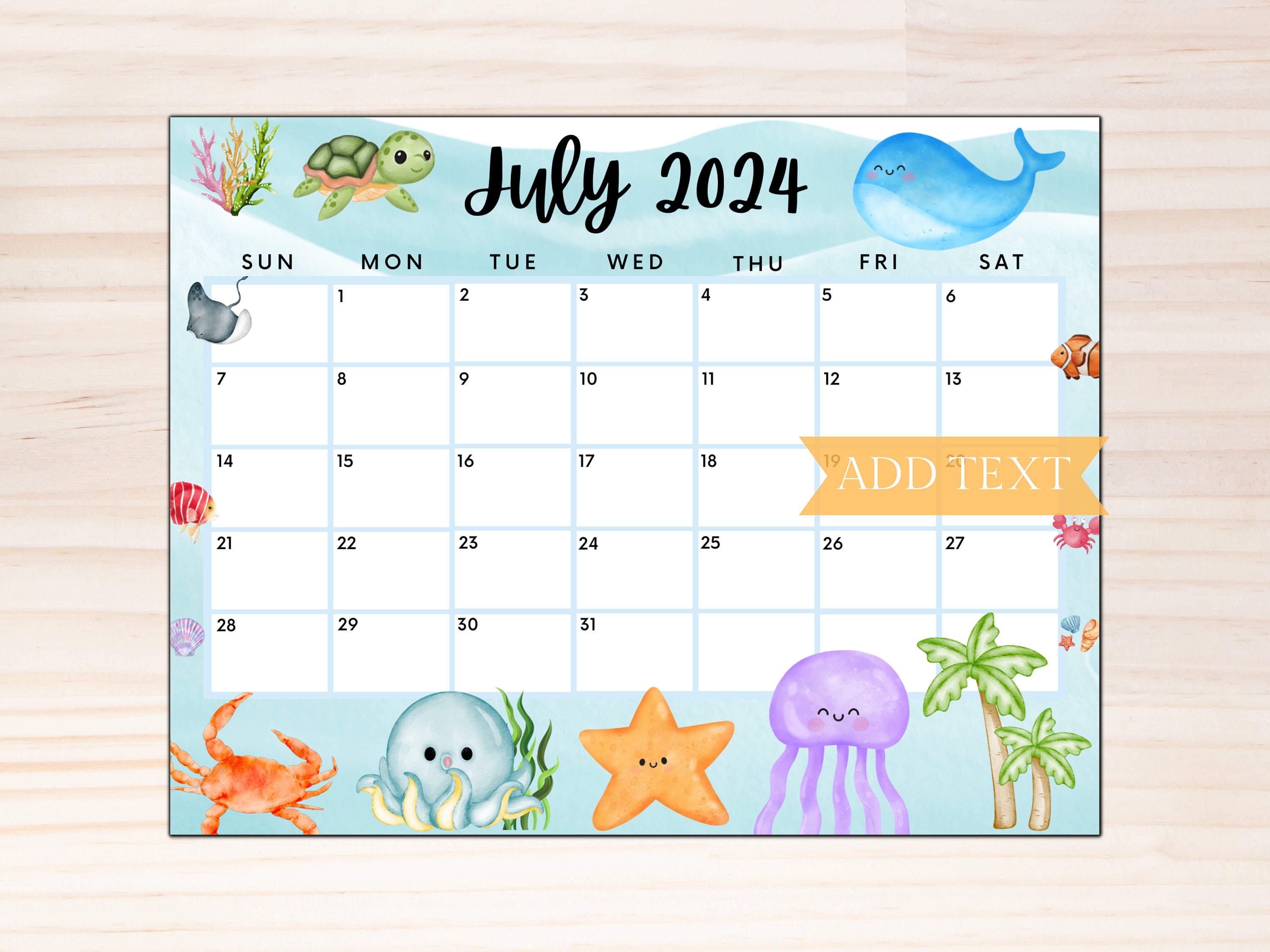 EDITABLE July 2024 Summer Calendar, Printable Calendar W/ Sea Creatures,  Blue Monthly Calendar, July Planner, Fillable Calendar, Ocean - Etsy Hong  Kong