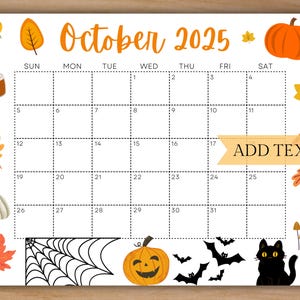 Editable October 2025 Calendar, Printable Calendar, 2025 Wall Calendar, Fall Calendar, Monthly Calendar, Kids School Schedule, Cute Calendar