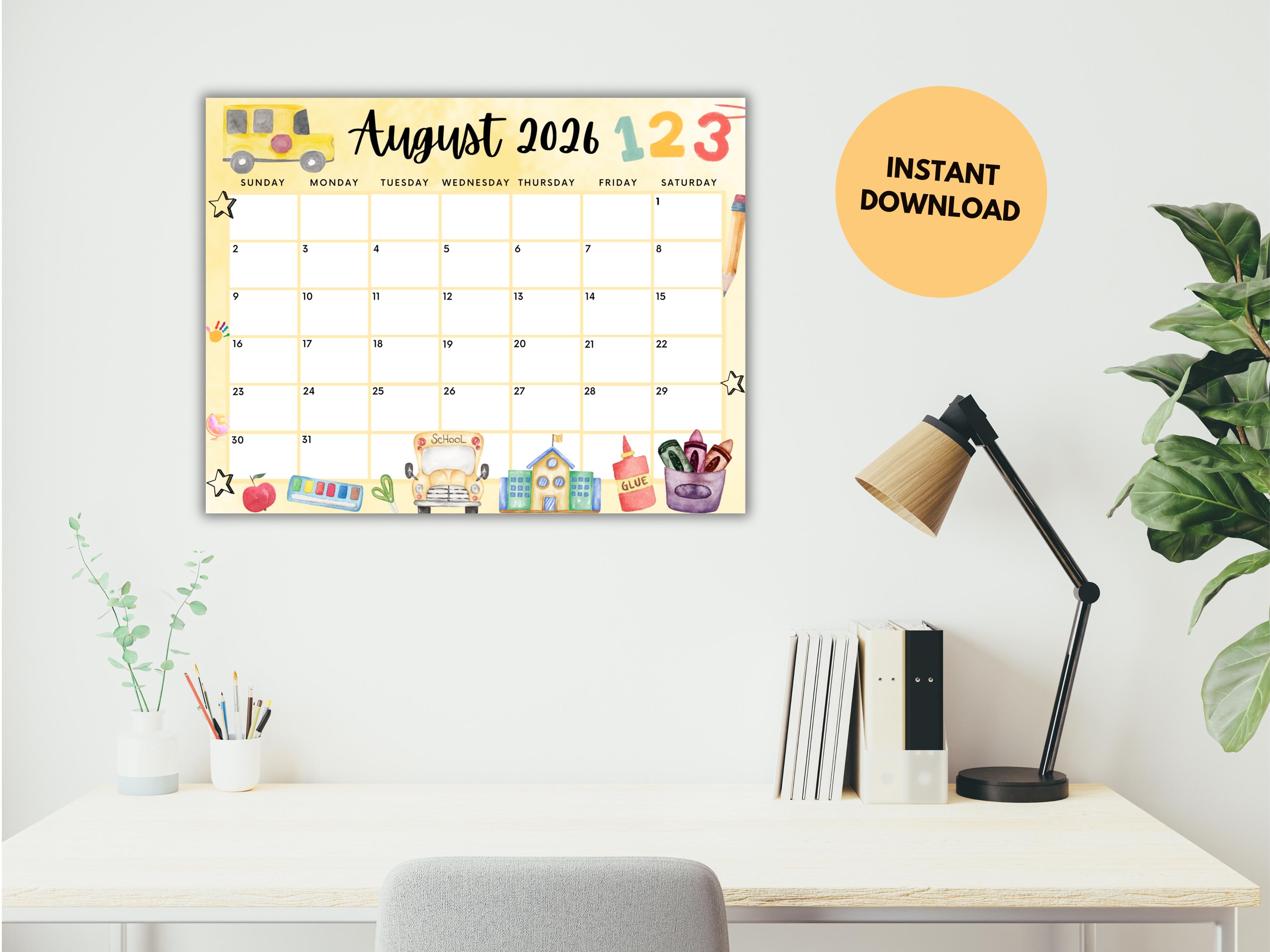 Printable August 2026 Calendar, Editable Calendar 2026, Back to School ...