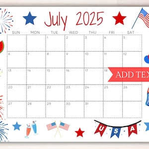 Printable July 2025 Wall Calendar, Editable Classroom Calendar, Summer ...