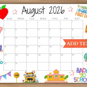 Calendario agosto 2026 MODIFICABILE, Calendario stampabile 2026, Calendario del ritorno a scuola, Calendario per le classi dei bambini, Calendario scolastico, Calendario mensile