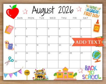 EDITABLE August 2026 Calendar, Printable Calendar 2026, Back to School Calendar, Kids Classroom Calendar, School Calendar, Monthly Calendar