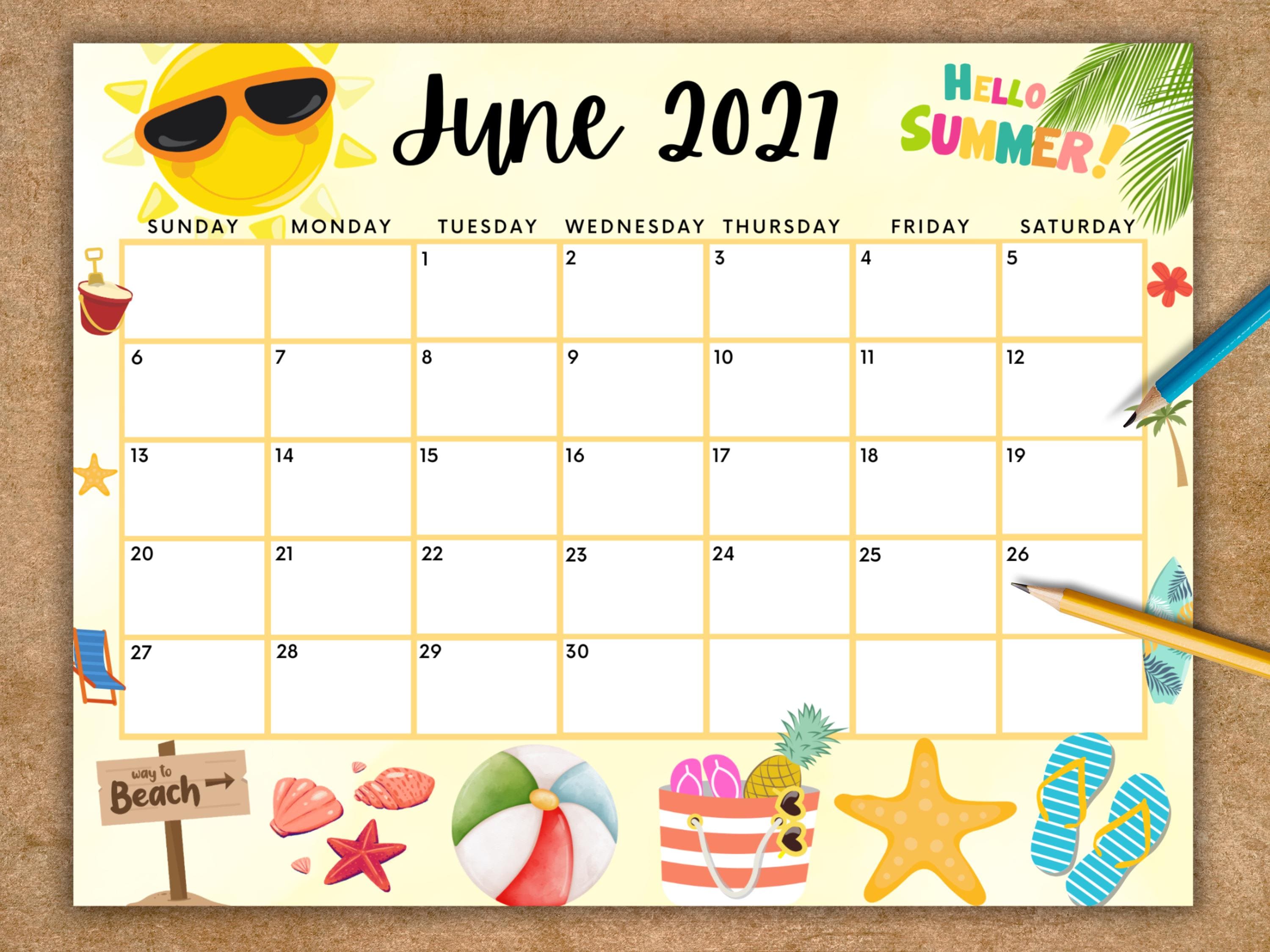 Analysis of Printable June 2027 Calendar, Editable Calendar w/ Yellow Summer Sun at the Beach, School Calendar, Homeschool Calendar, Cute Beach Calendar