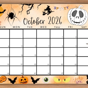 Editable October 2026 Calendar, Printable Spooky Halloween Calendar W ...