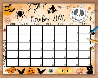 Redigerbar kalender för oktober 2026, utskrivbar läskig Halloween-kalender med läskiga pumpor och spindlar, söt skolkalender för Halloween-planerare