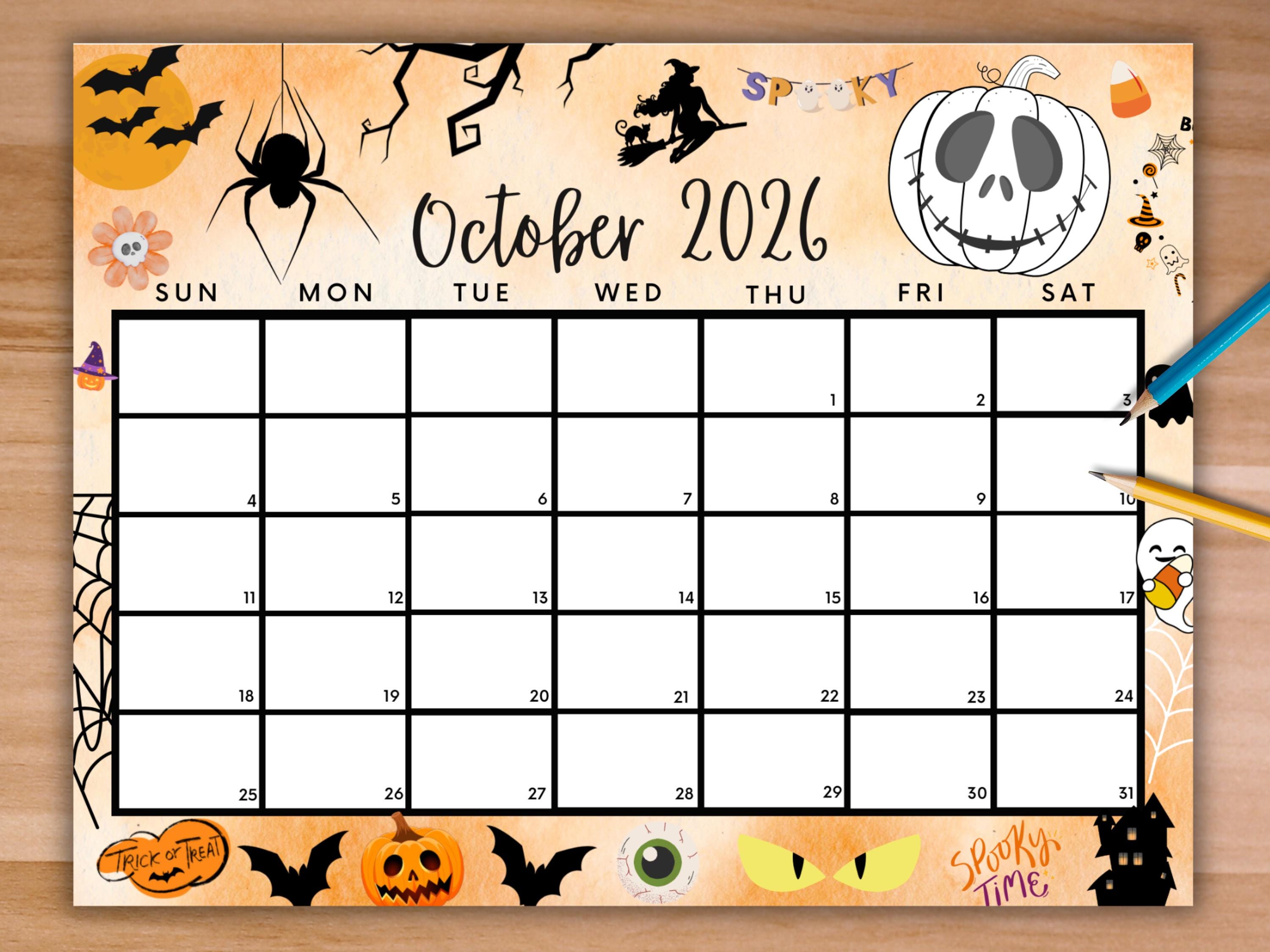 Editable October 2026 Calendar, Printable Spooky Halloween ...