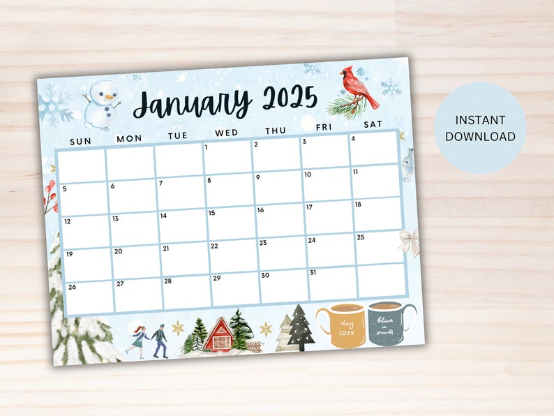 Editable January Calendar 2025, Printable Calendar 2025, Cute Snowman Calendar for Winter