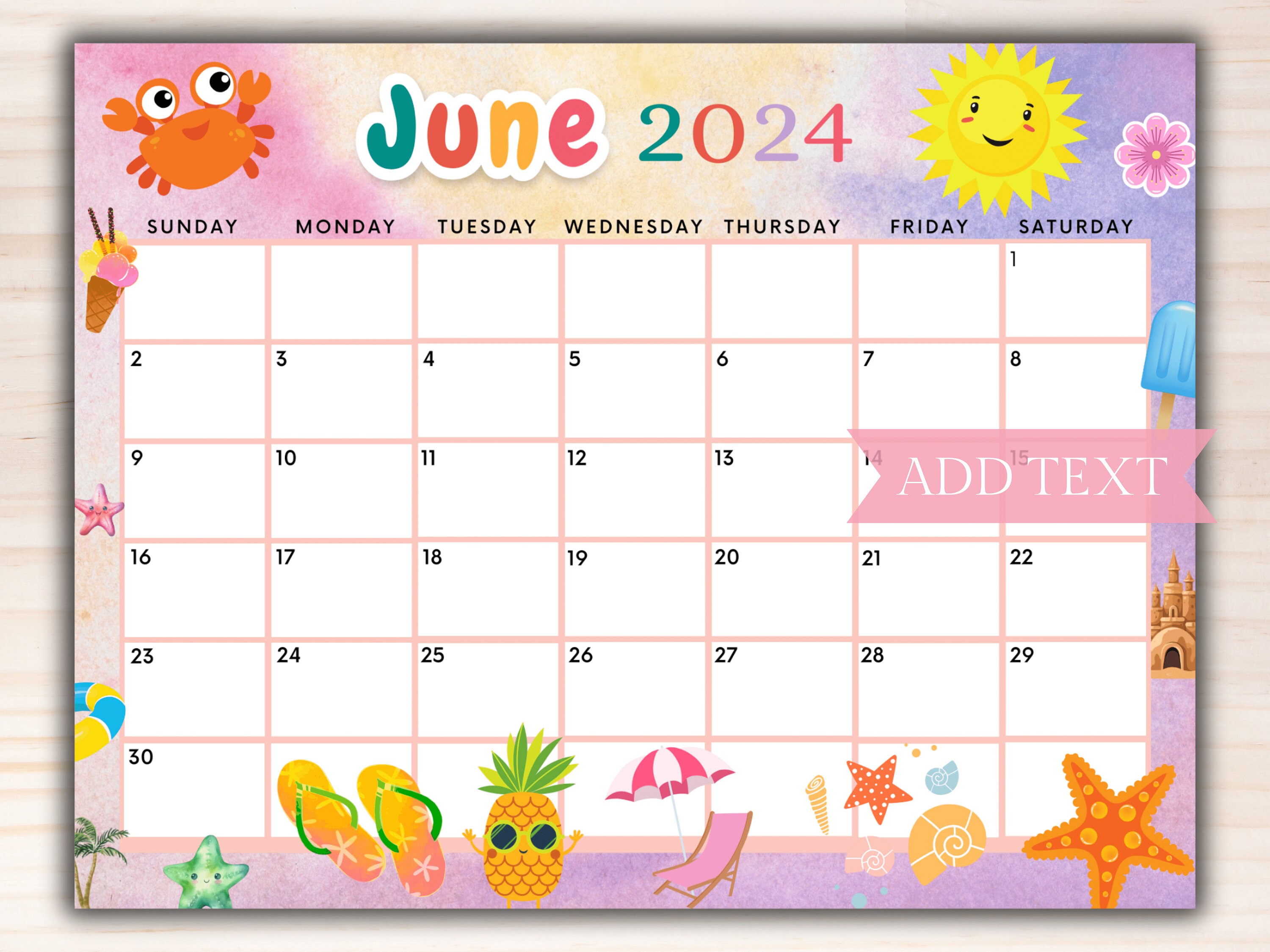 EDITABLE June 2024 Printable Calendar, Summer Fun Calendar, Beautiful