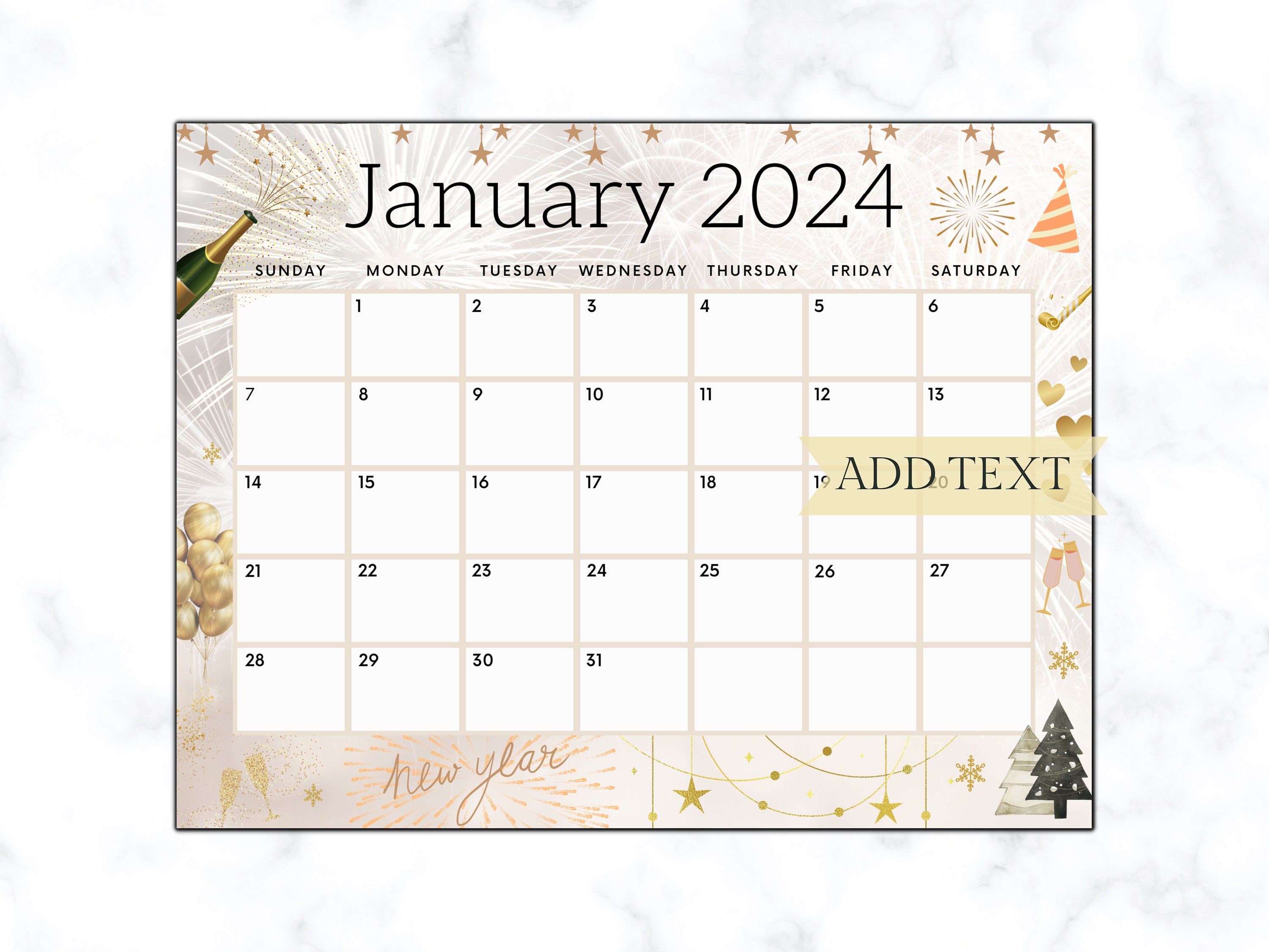 Editable January Calendar 2024, Printable Wall Calendar 2024, Cute