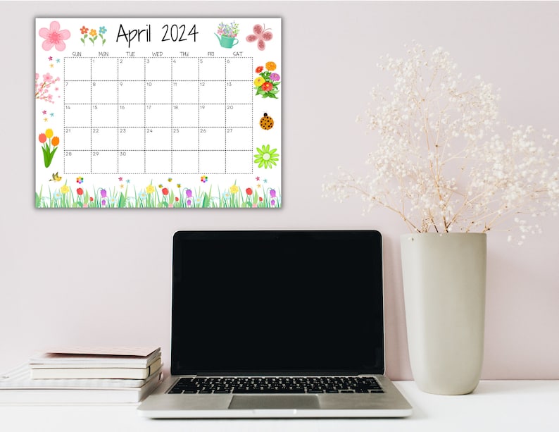 EDITABLE April 2024 Calendar, Printable Wall Calendar 2024, Cute Spring