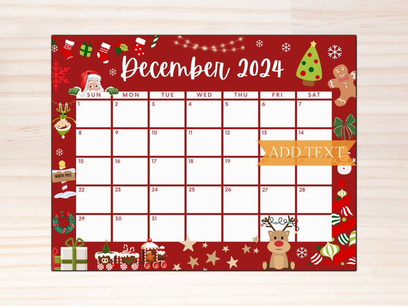 Editable December 2024 Calendar, Holiday Calendar, Red Christmas