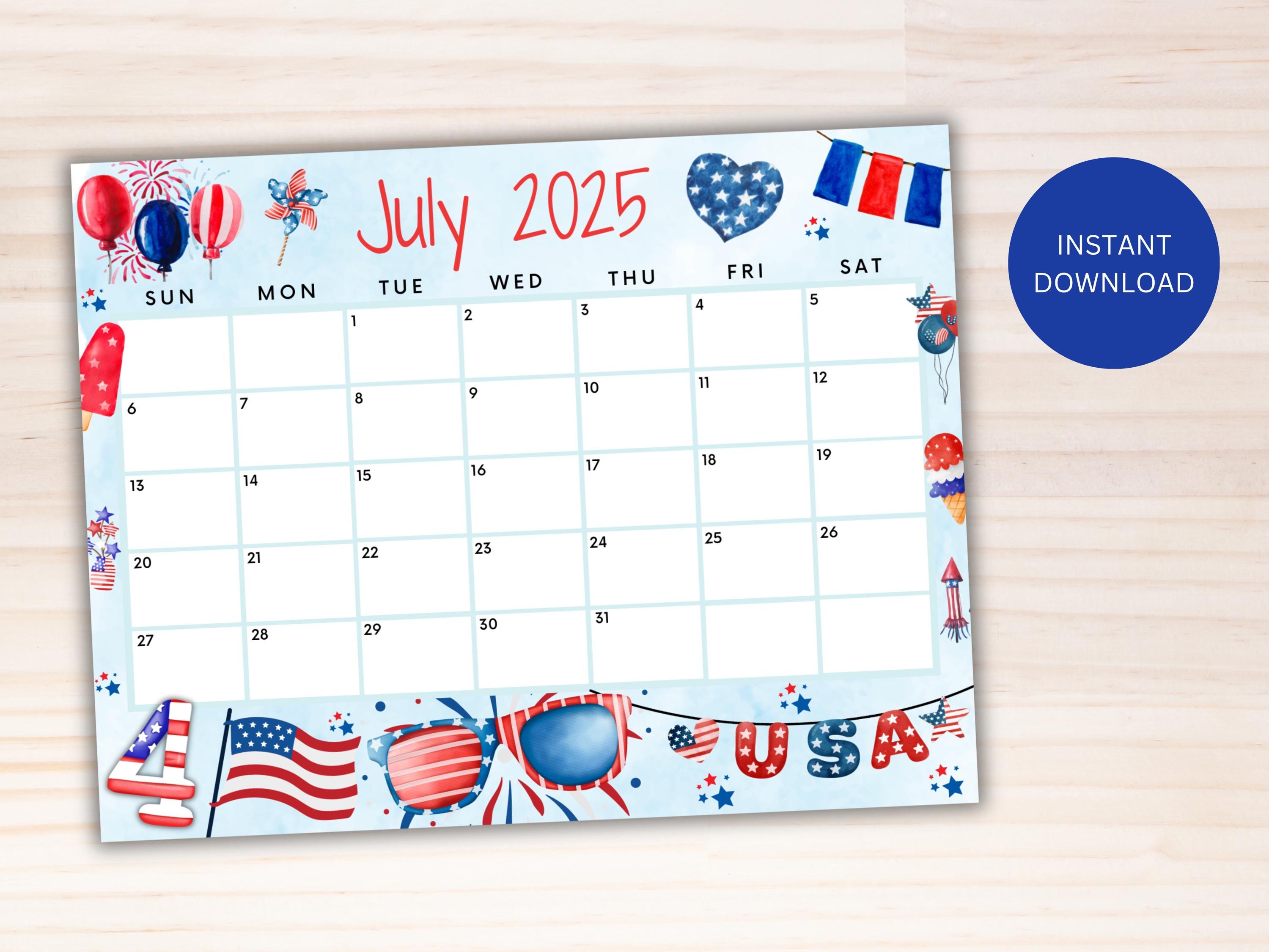 EDITABLE July 2025 Summer Calendar, Printable Classroom Calendar, Fourth of July Calendar