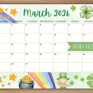 BEWERKBARE kalender maart 2026, afdrukbare regenboogkalender met Happy St Patricks Day-planner voor maart, kinderschoolrooster Irish Day