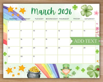 Calendrier modifiable de mars 2026, calendrier arc-en-ciel imprimable avec l'agenda de la Saint-Patrick pour mars, calendrier scolaire pour enfants, journée irlandaise