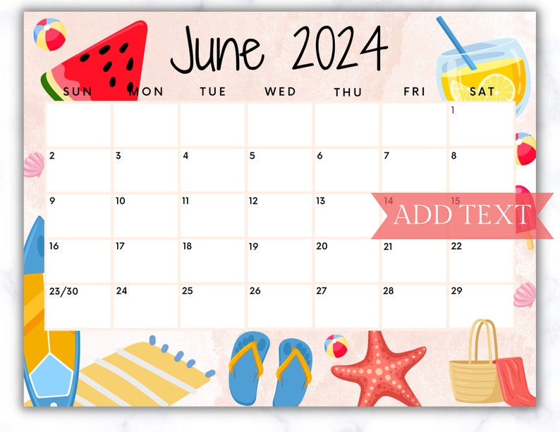 EDITABLE June 2024 Calendar, Printable Calendar, Summer Calendar W