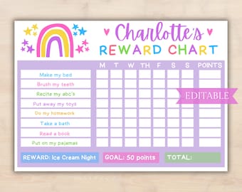 EDITABLE Kids Rainbow Reward Chart, Girls Chore Chart w/ Purple and Pink, Behavior Chart, Weekly Chore Chart, Printable Reward Girl Chart