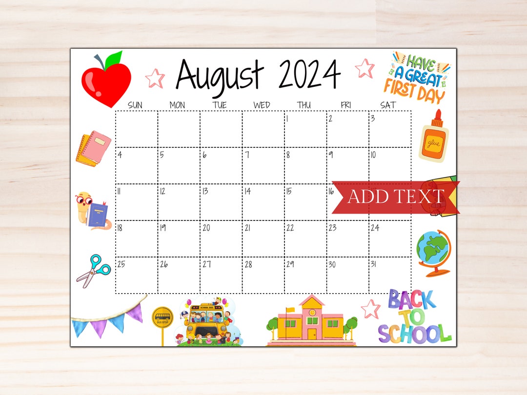 EDITABLE August 2024 Calendar, Printable Calendar 2024, Back to School