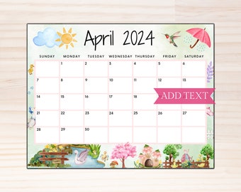 Editable Printable April 2024 Calendar, Green Spring Calendar w/ Cute Garden and Hummingbird, Monthly Calendar, Classroom Calendar