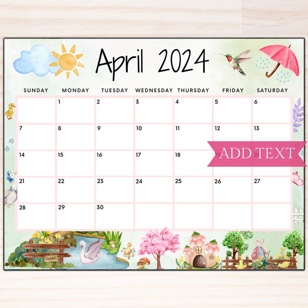 Editable Printable April 2024 Calendar, Green Spring Calendar w/ Cute Garden and Hummingbird, Monthly Calendar, Classroom Calendar