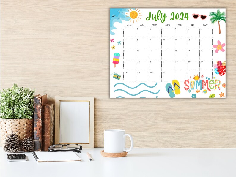 Calendario editable de julio de 2024, Bonito calendario de verano ...