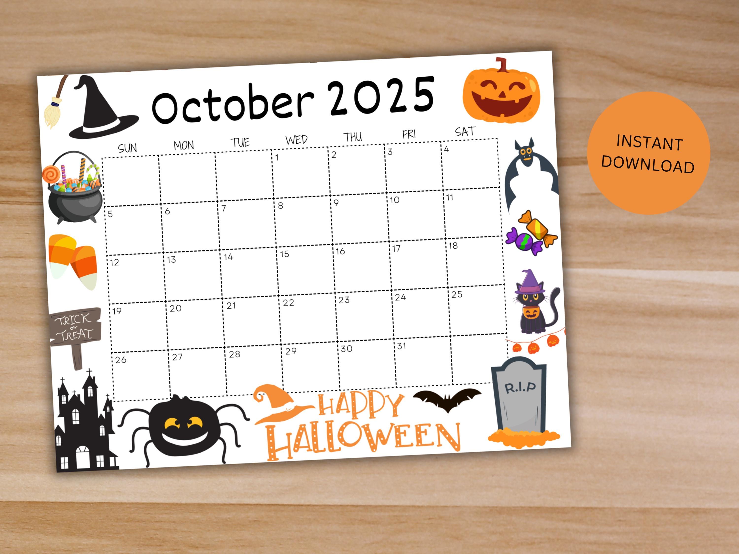 ハロウィン　10作品 編集可能な2025年10月カレンダー、魔女付きハッピーハロウィン