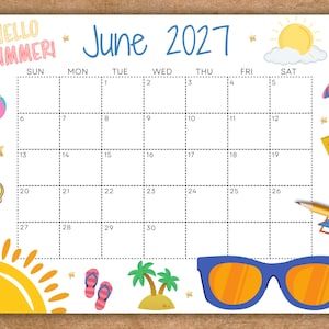 REDIGERBAR juni 2027 väggkalender, utskrivbar skolkalender, söt sommarkalender med solglasögon, månadskalender, familjekalender