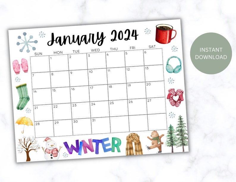 Editable January Calendar 2024, Printable Wall Calendar 2024, Cute