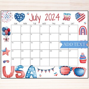 Printable Fourth of July 2024 Calendar, Editable Summer Calendar With 