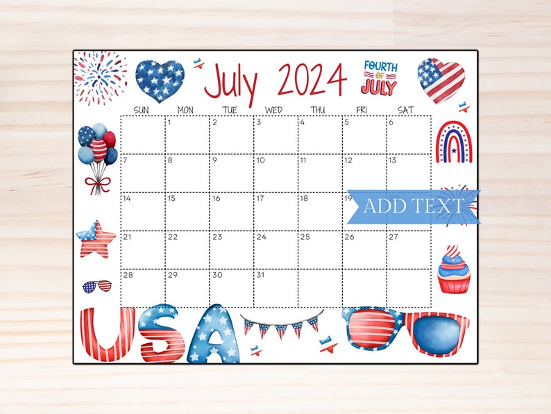 Printable Fourth of July 2024 Calendar, Editable Summer Calendar With