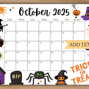 Editable October 2025 Calendar, Printable Calendar, School Calendar, Cute Kids Trick or Treat Calendar, Monthly Calendar, Halloween Calendar