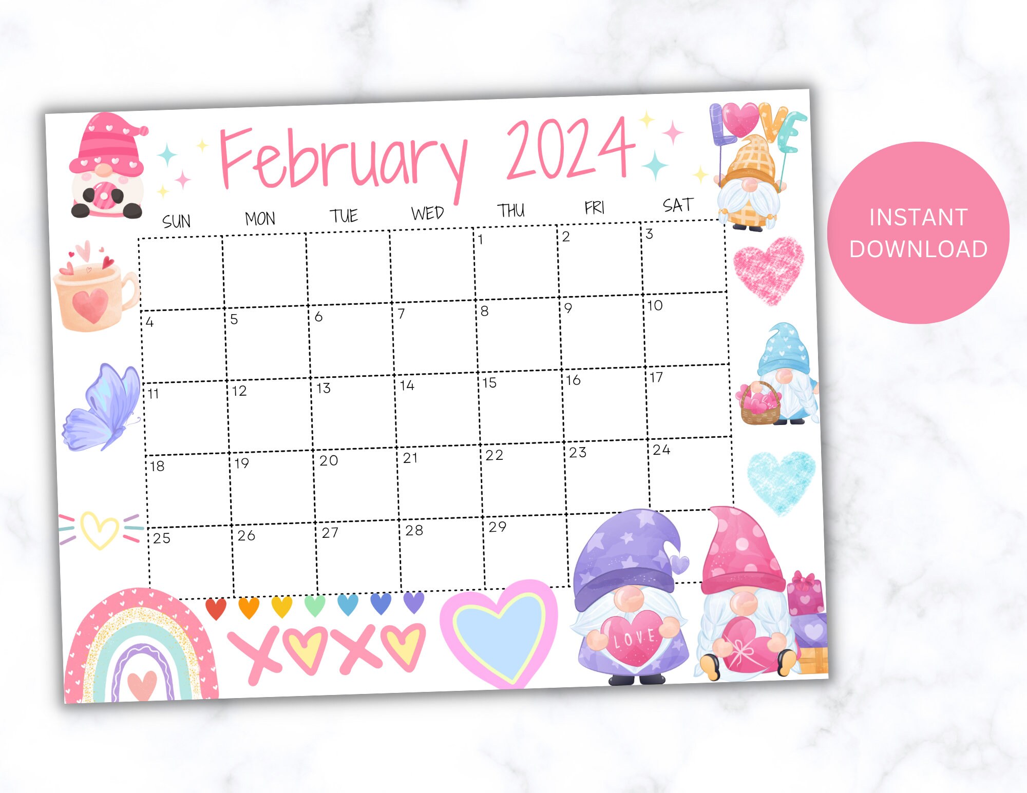 Editable Printable February 2024 Calendar, Colorful Gnomes Calendar W