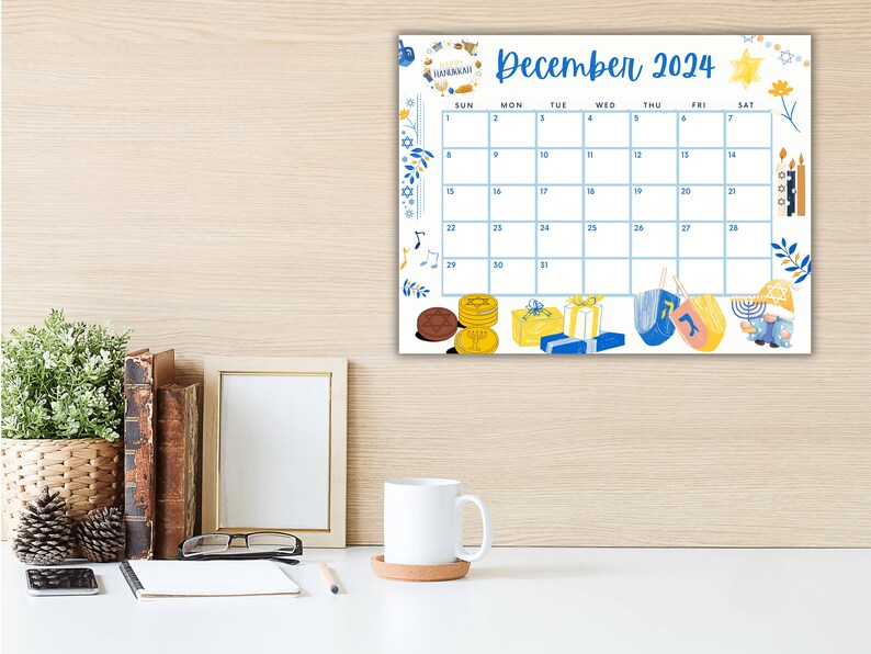 Editable December 2024 Calendar, Celebrate Hanukkah Calendar Blue and Yellow, Cute School