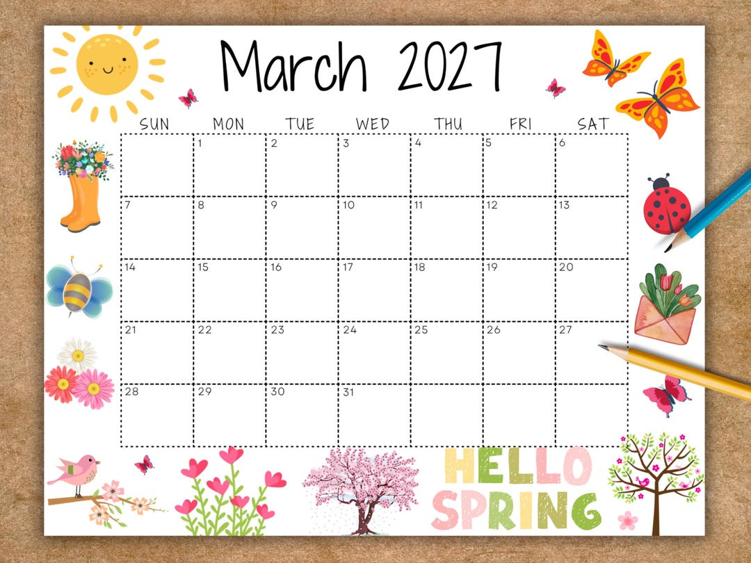 EDITABLE March 2027 Calendar, Printable Wall Calendar, Hello Spring Cute Lady Bug and Butterfly, School Calendar, Monthly Planner Work Home - Etsy
