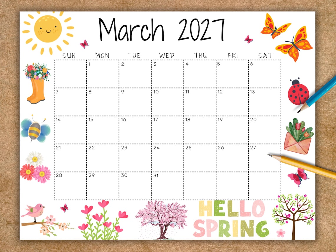 EDITABLE March 2027 Calendar, Printable Wall Calendar, Hello Spring ...
