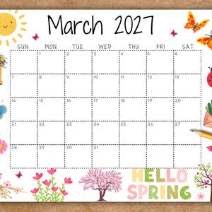 EDITABLE March 2027 Calendar, Printable Wall Calendar, Hello Spring Cute Lady Bug and Butterfly, School Calendar, Monthly Planner Work Home