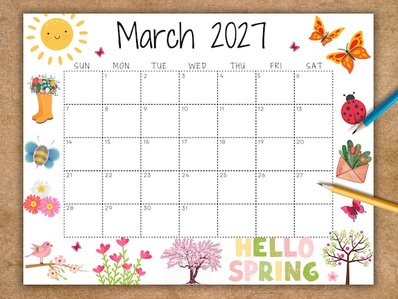 EDITABLE March 2027 Calendar, Printable Wall Calendar, Hello Spring Cute Lady Bug and Butterfly, School Calendar, Monthly Planner Work Home - Etsy