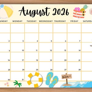 Calendario stampabile di agosto 2026, calendario modificabile, calendario estivo in spiaggia con pallone da spiaggia, calendario per bambini, calendario mensile giallo per nuotare