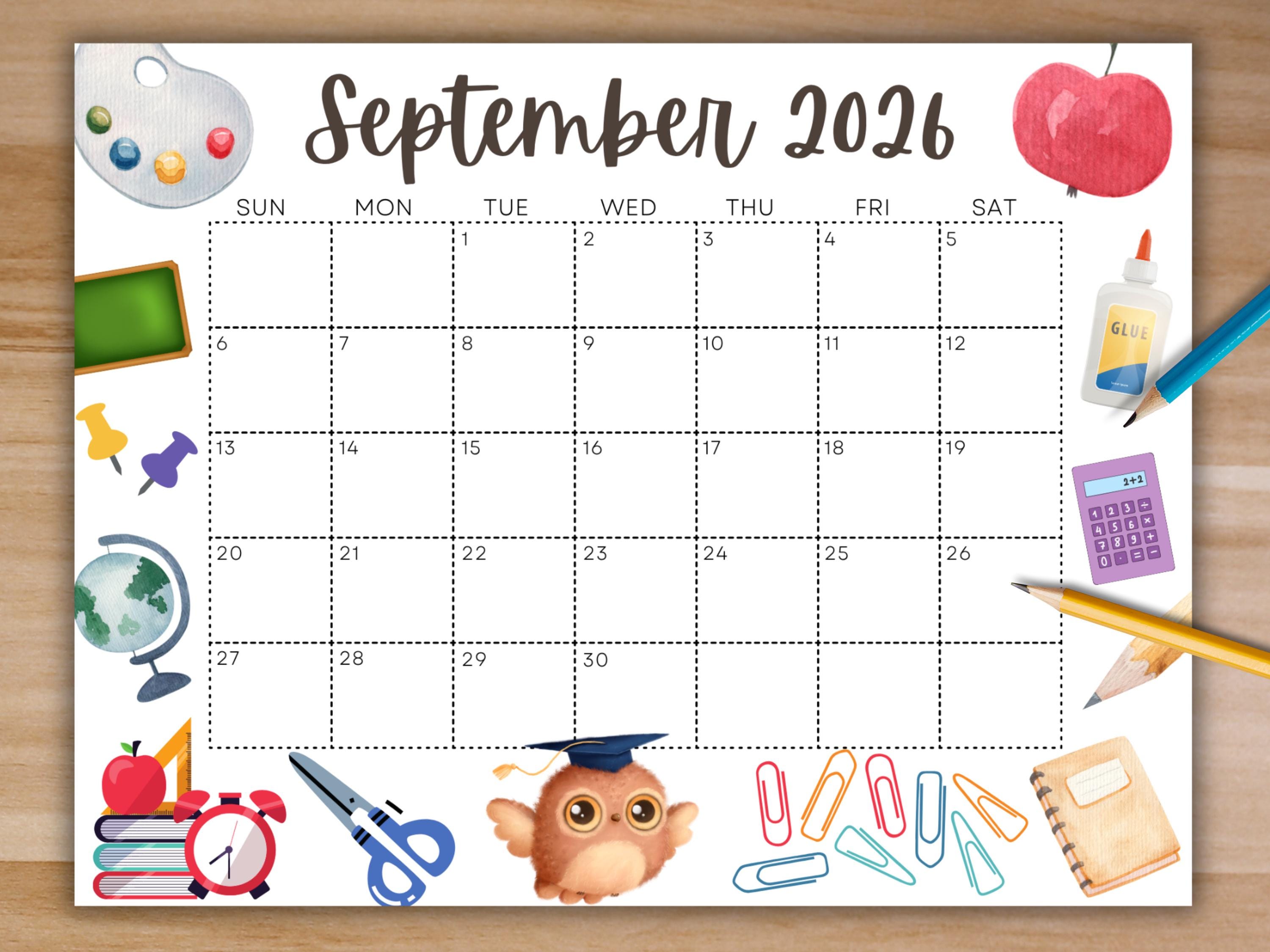 Editable September 2026 Calendar, Printable School Calendar ...