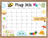EDITABLE May 2026 Calendar, Printable Calendar 2026, Cute Spring Calendar with bees and flower, Monthly Calendar, Family Calendar for School
