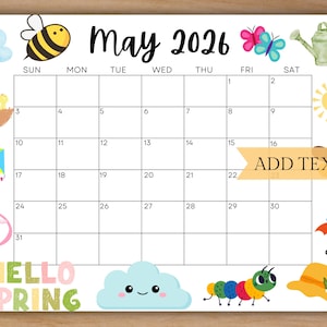 EDITABLE May 2026 Calendar, Printable Calendar 2026, Cute Spring Calendar with bees and flower, Monthly Calendar, Family Calendar for School