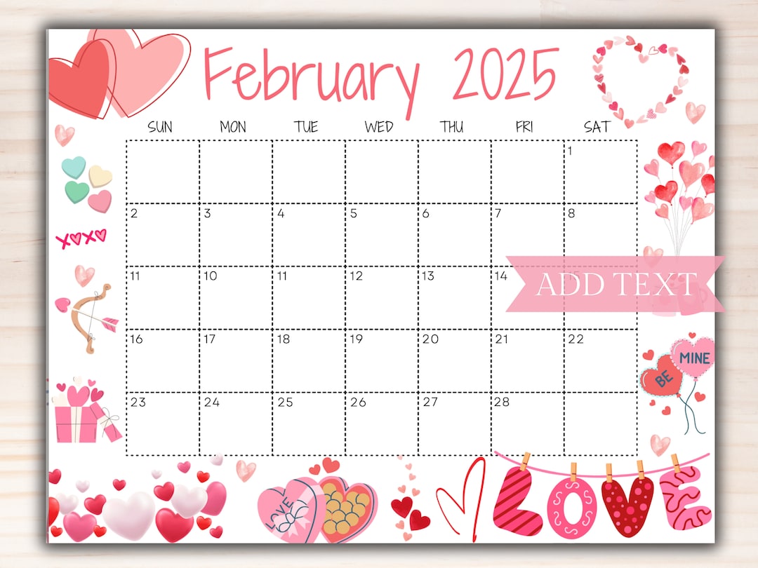 Calendario febrero editable 2025, Calendario de pared imprimible 2025, Calendario lindo con amor