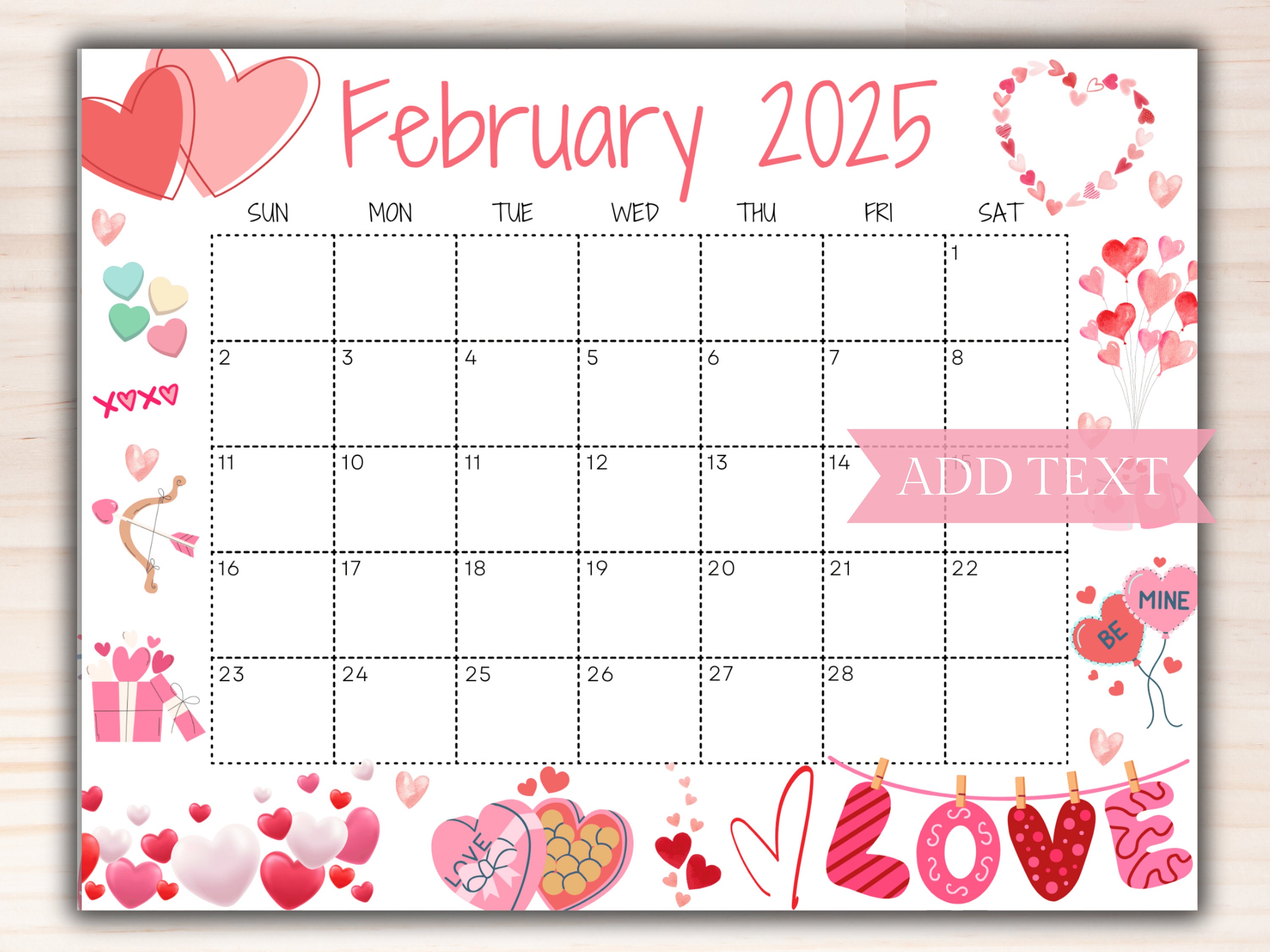 Editable February Calendar 2025, Printable Wall Calendar 2025, Cute