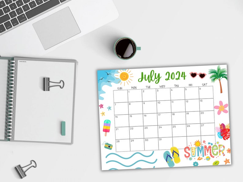 Calendario editable de julio de 2024, Bonito calendario de verano ...