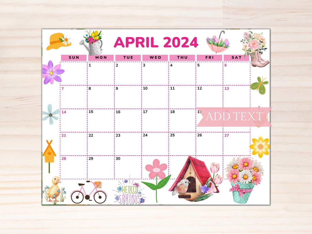 Printable Calendar 2024, April 2024 Calendar, Beautiful Spring Flowers