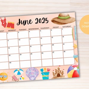 Editable June 2025 Calendar, Printable Summer Calendar W/ Sun, Cute ...