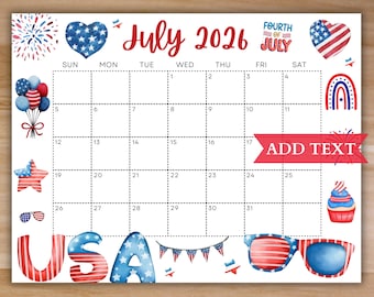 Printable Fourth of July 2026 Calendar, Editable Summer Calendar with American Flag, Monthly Calendar, Fillable Calendar, July Planner