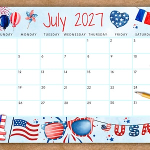 EDITABLE July 2027 Summer Calendar, Printable Fourth of July Calendar, Monthly Calendar, Summer July Planner, Academic Planner July 4th